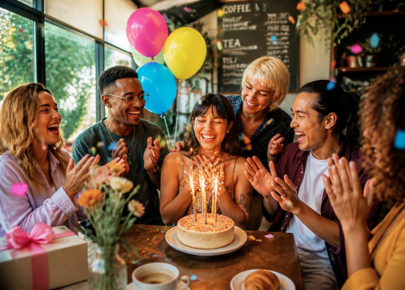 Friends celebrating a birthday with confetti and cake at a local café