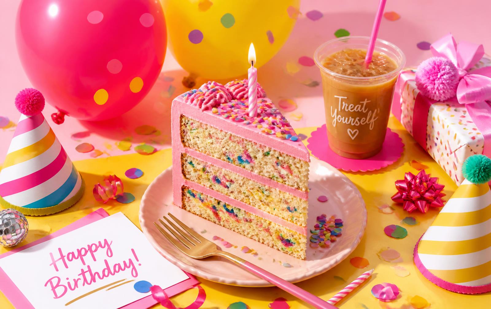 Colorful birthday cake slice, balloons, confetti and gifts
